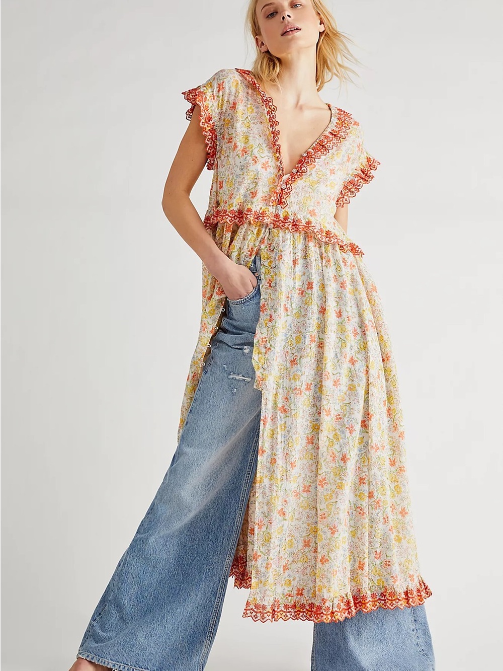 Free People Floral Maxi Dress in Cream and Orange Trim
